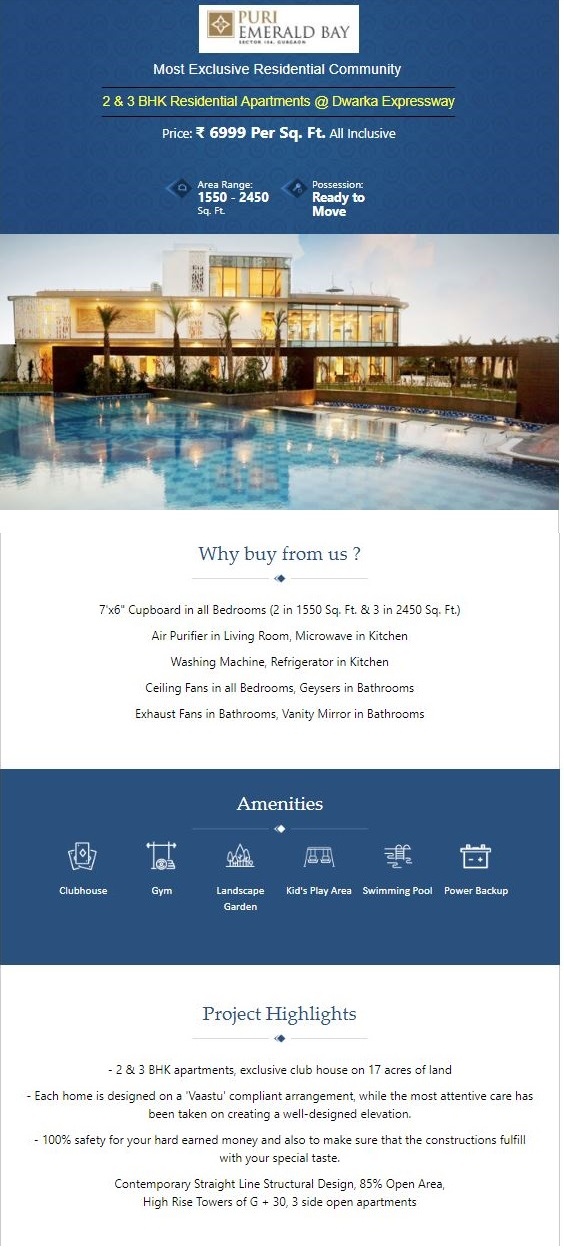 Puri Emerald Bay offers pay 10% to book ready to move 2 & 3 BHK in Gurgaon
